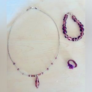 Purple Glass Necklace, Earrings & Bracelet + Elastic bead sequin Ring